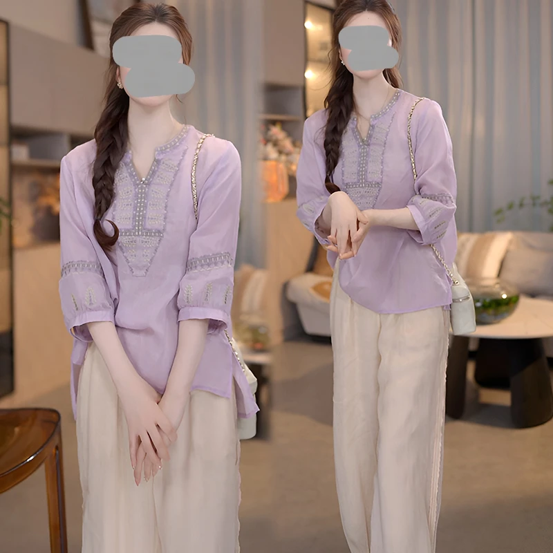 新中式女装禅意套装大码胖mm夏季新款高级感时尚衬衫阔腿裤两件套