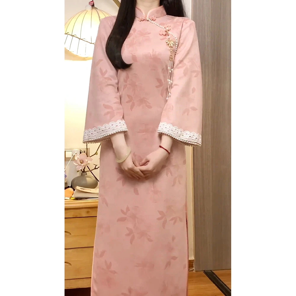 气质旗袍女新中式粉色年轻款倒大袖复古民国风2025新款连衣裙春款