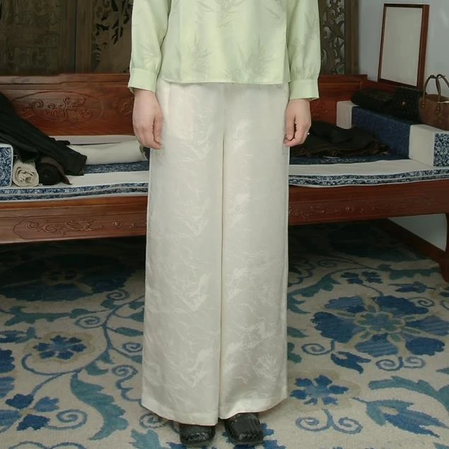 品叔&精工·桑蚕丝桑波缎提花直筒裤