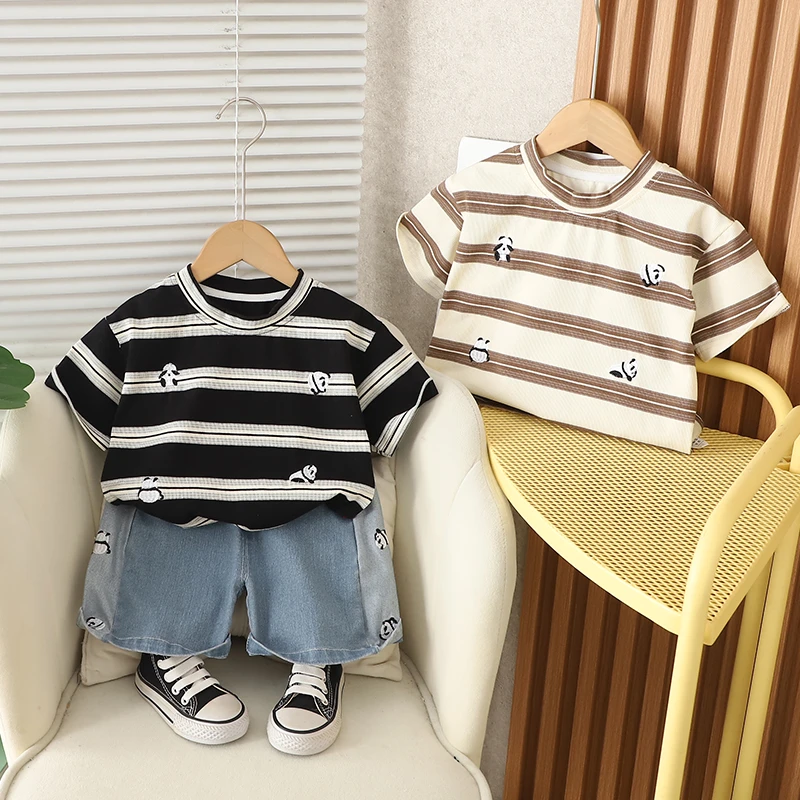 YH-男童夏装熊猫条纹短袖套装衣服2025新款薄款男宝宝童装俩件套