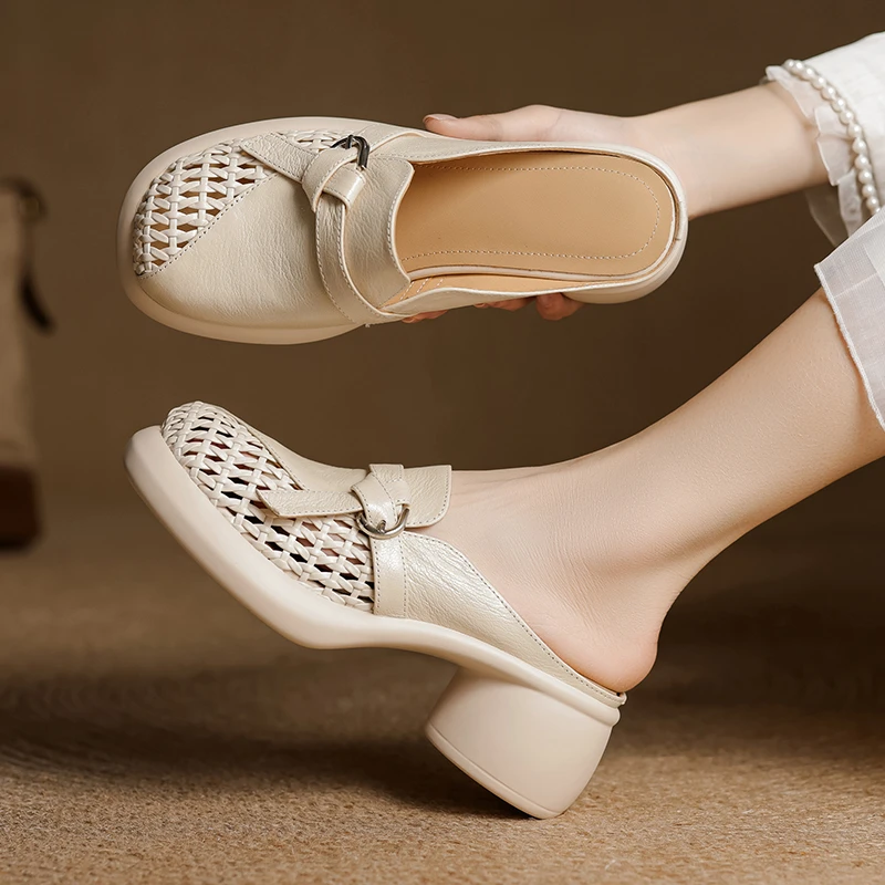 羊皮/6cm/百搭夏季真皮外穿包头半拖女厚底增高跟粗跟平底洞洞鞋