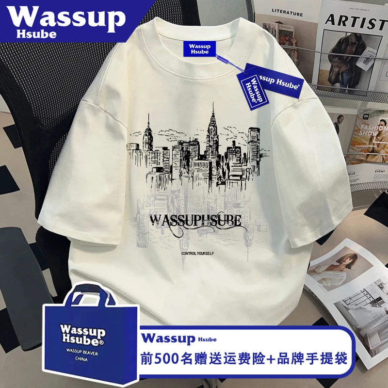 WASSUP HSUBE倒影城市印花短袖夏白色休闲潮牌T恤ins男女纯棉上衣