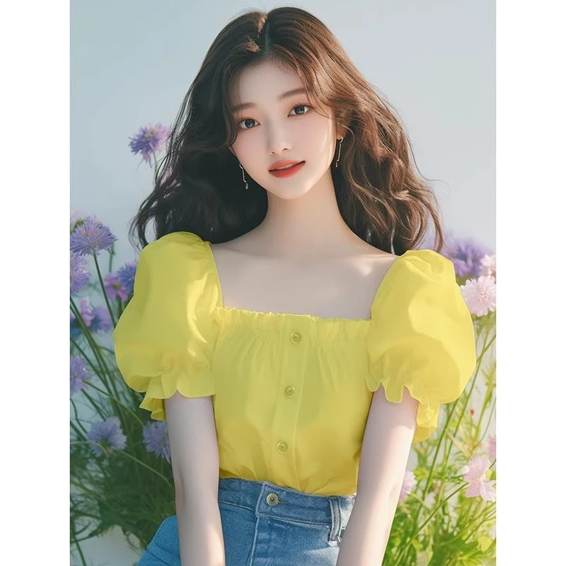 COS MOCO UR洋气今年流行漂亮感超好看气质上衣小香风黄色方领直