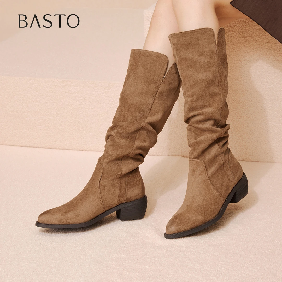 百思图2025冬季新款堆堆靴街头粗跟女长靴B2772DG5