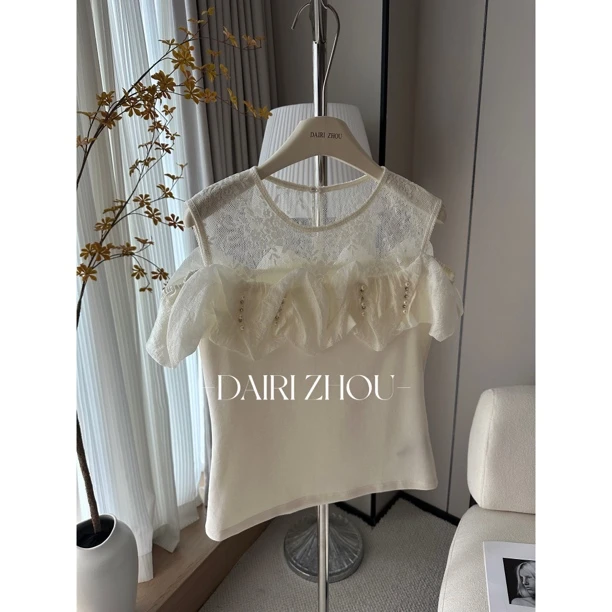 DAIRI  ZHOU▪️等待的信念   设计感拼接花边短袖上衣百搭简约优雅