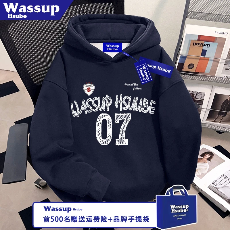 WASSUP HSUBE秋季潮酷盾标英文印花男女重磅上衣藏青连帽套头卫衣