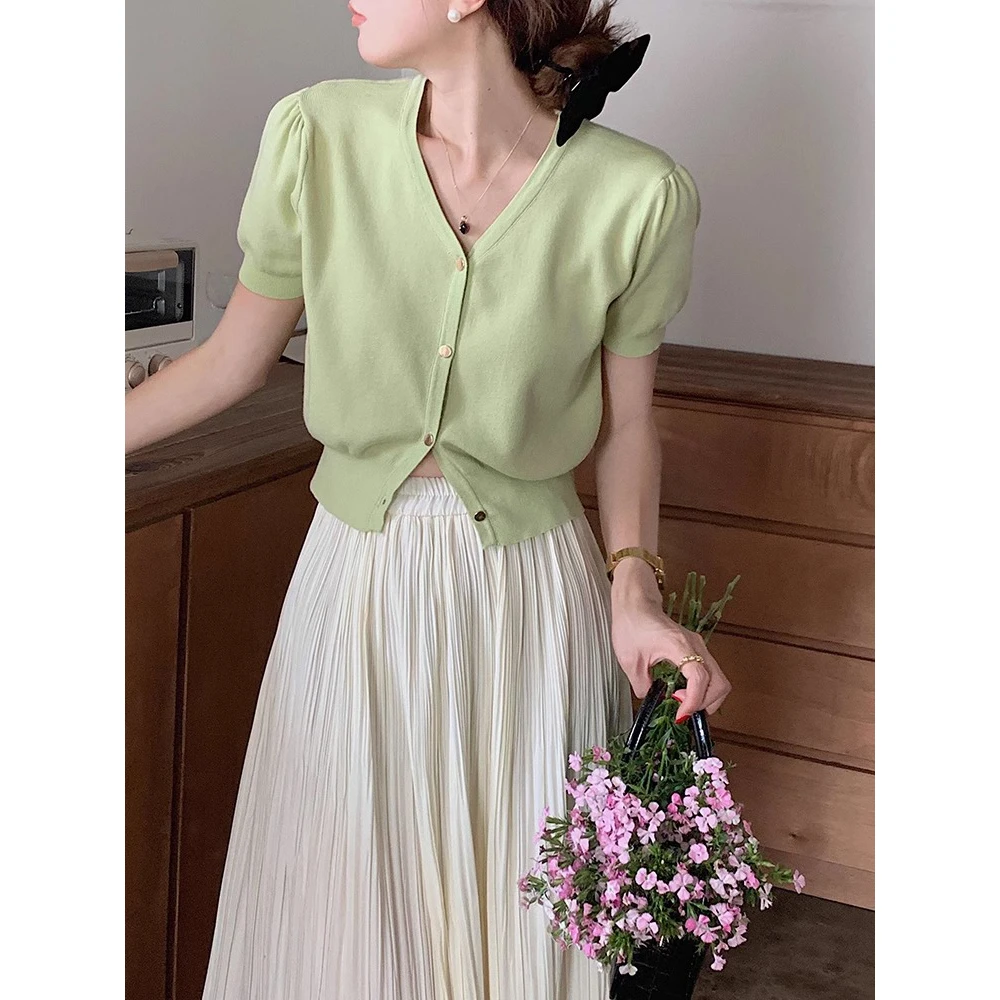 短袖t恤女夏薄牛油果绿针织V领小开衫夏季短款显瘦设计感小众上衣