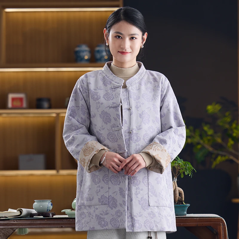 二喜茶服新中式国风棉袄款2025新款盘扣对襟唐装棉衣立领棉服外套