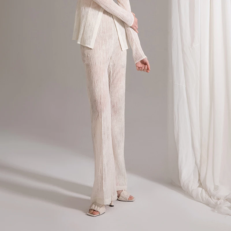 【BY TRIOTRIO】noundnound蕾丝针织修身微喇长裤女25春夏新款