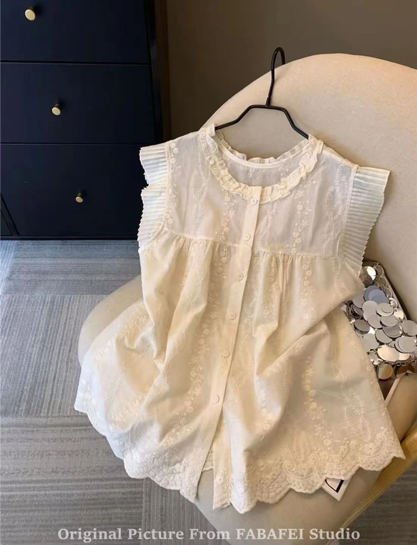 2025夏季新款别致雕花刺绣圆领木耳花边无袖背心外穿娃娃衫上衣