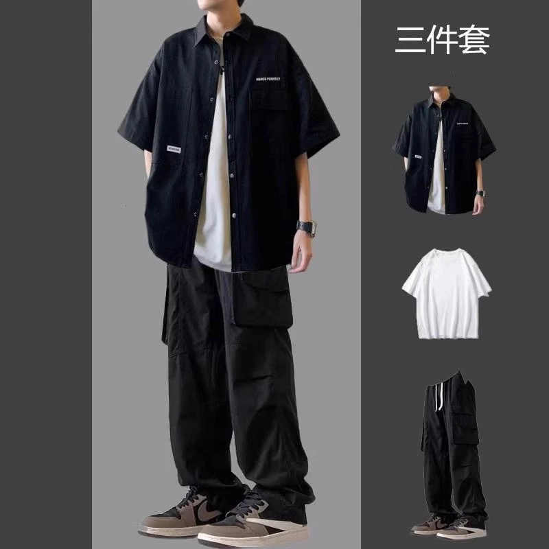 工装短袖衬衫男士套装夏季痞帅休闲青少年学生一整套工装裤潮运动