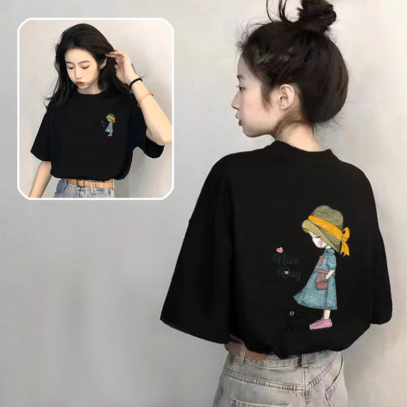 黑色纯棉宽松正肩短袖T恤女2025夏季新款欧货大版中长款遮臀上衣