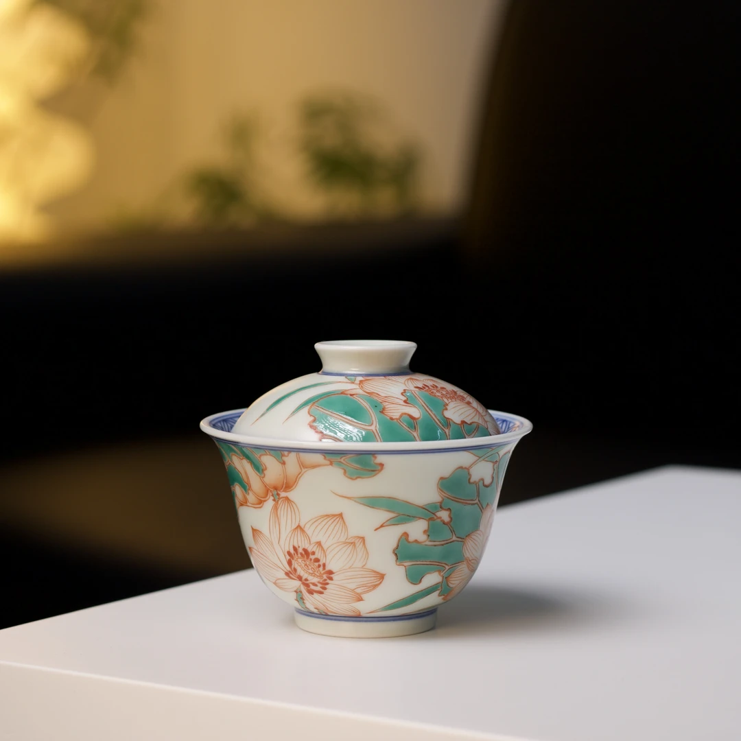 雨溪山房 景德镇手绘红绿彩荷花盖碗 茶道茶具 120cc
