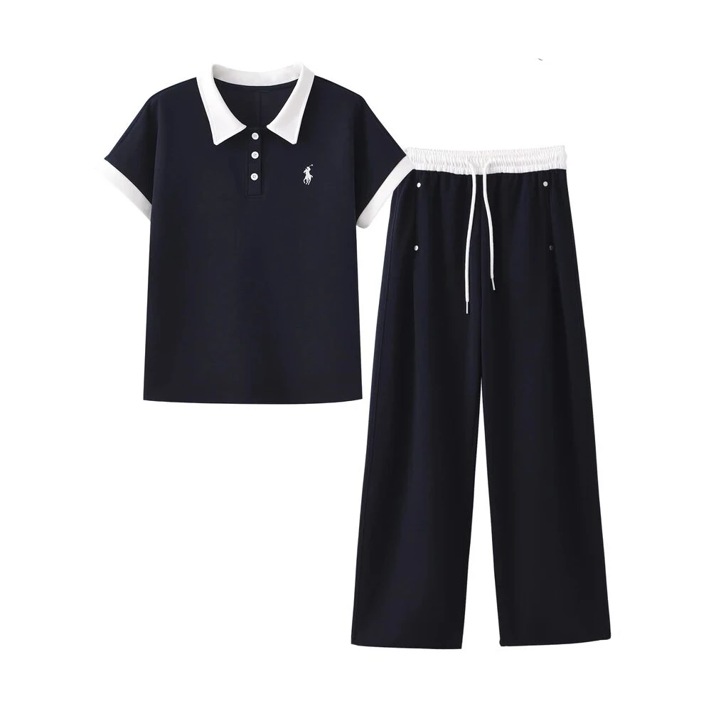 1548时尚短袖POLO领上衣+直筒裤两件套2025夏减龄洋气休闲套装女