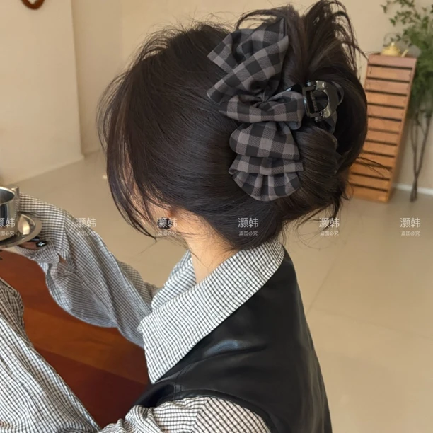 格纹泡泡抓夹～韩系格子云朵泡泡抓夹大号发量大后脑勺鲨鱼夹半扎