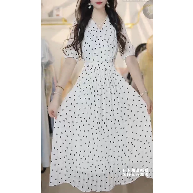 L5382波点泡泡袖v领连衣裙女2025夏季新款法式甜美收腰显瘦长裙潮