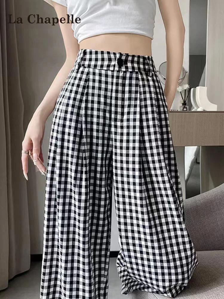 黑白格子阔腿裤女2025夏季高腰垂感新款高腰宽松小个子休闲裤