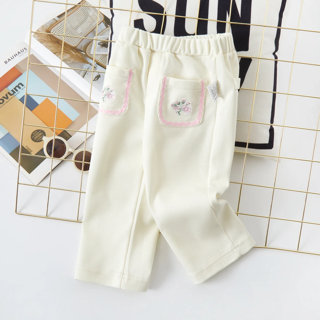 B106白色女童春款休闲裤绣花百搭洋气薄款