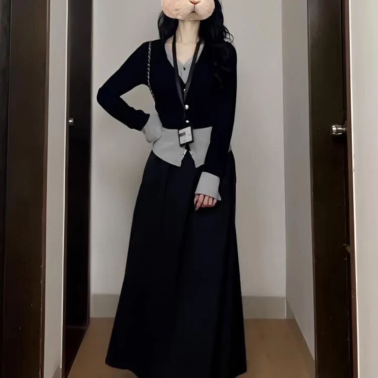 新款黑色长裙显气质假两件女士连衣裙适合18到40岁涤纶材质