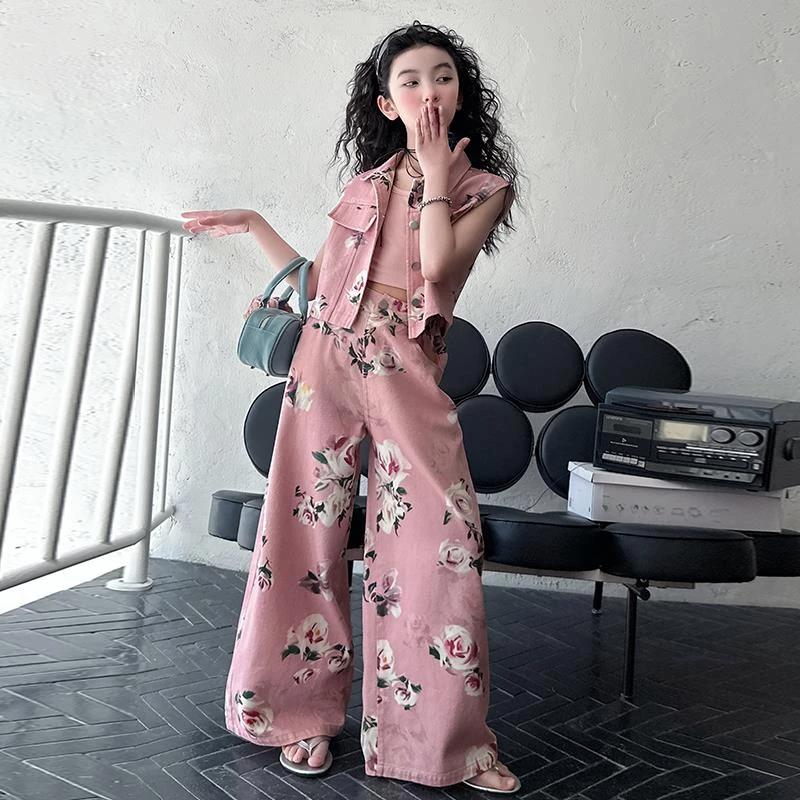 女童玫瑰花套装2025年新款儿童韩版夏装背心马甲阔腿裤甜酷三件套