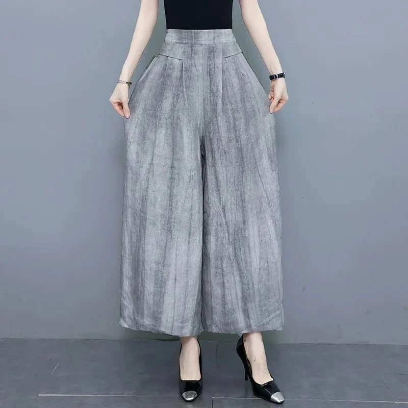 亚麻扎染阔腿裤女高级感复古文艺休闲裤中国风薄款裙裤直筒九分裤