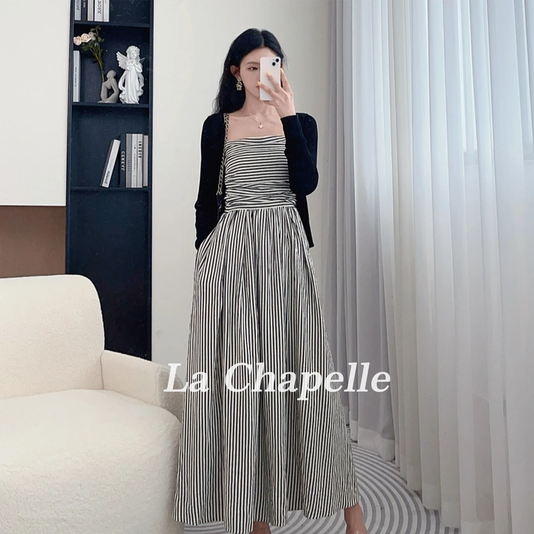 拉夏贝尔25年秋气质百搭显瘦复古条纹设计感开衫+吊带裙 2289 LSC