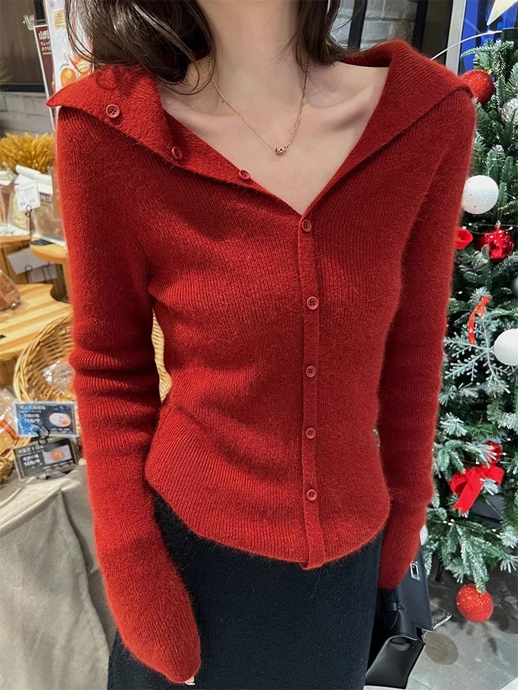 新年红色毛衣温柔翻领针织长袖打底衫女内搭秋冬季小个子修身上衣