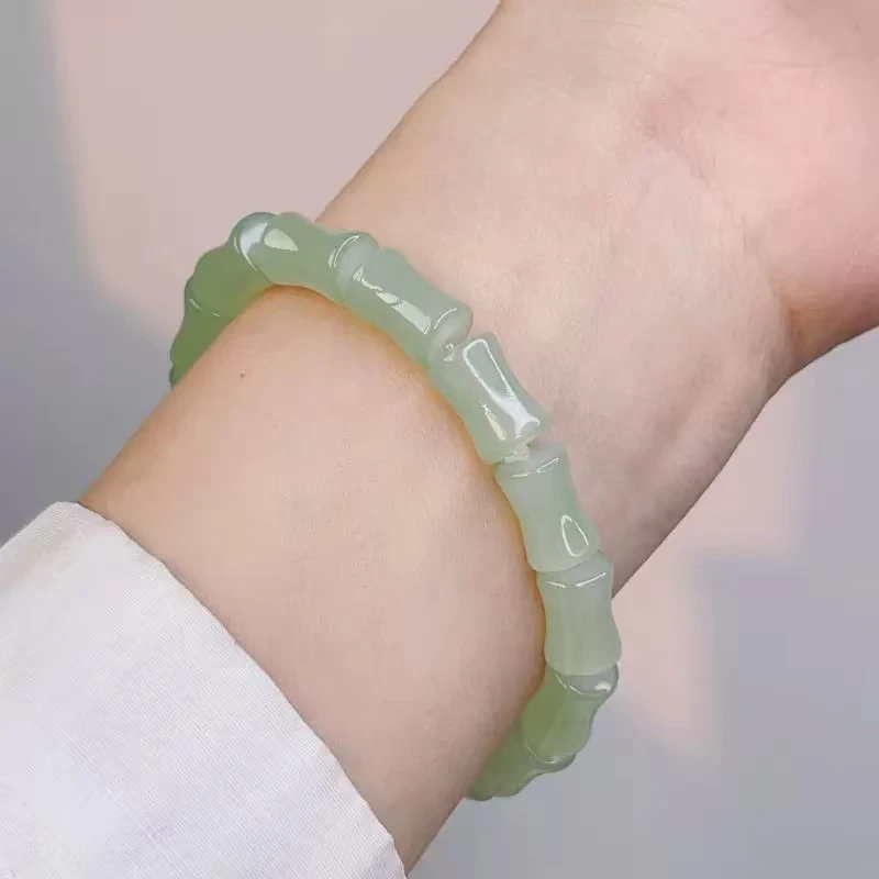 新疆天然和田玉浅晴水竹节精美手串