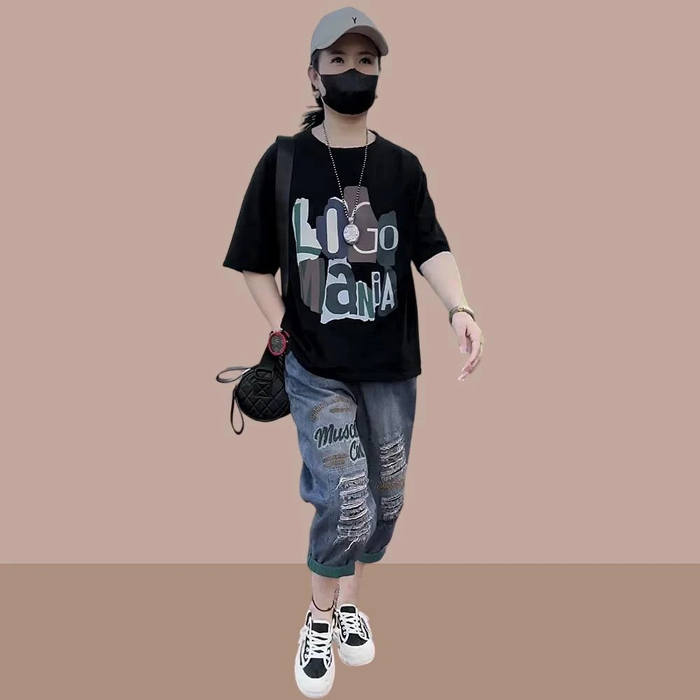 时尚洋气宽松短袖两件套装女2025夏款洋气字母印花t恤+破洞牛仔裤