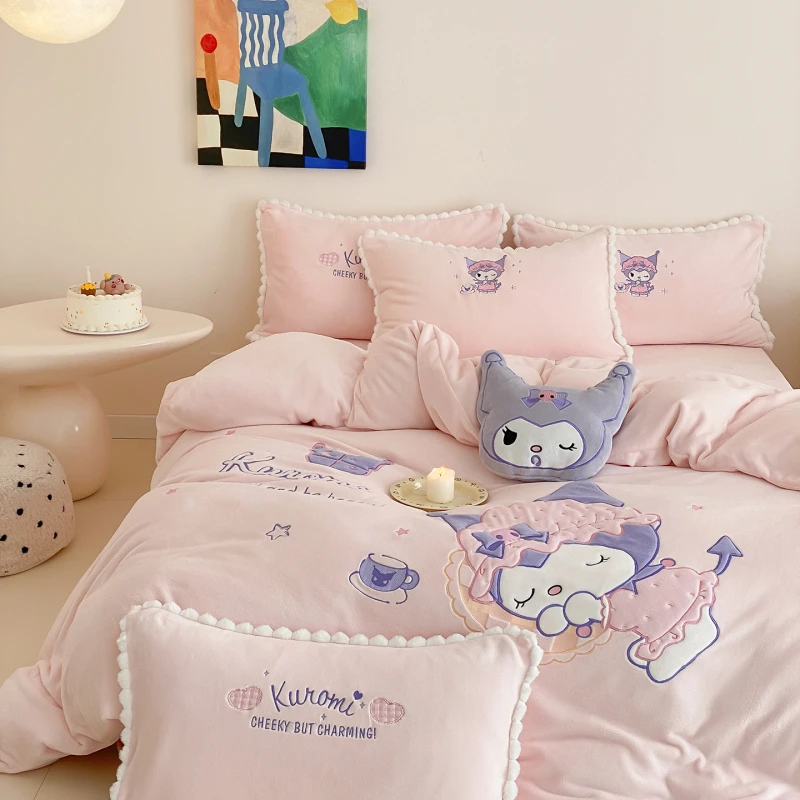 库洛米公主风儿童加厚牛奶绒床上四件套冬季珊瑚绒被套三件套女孩