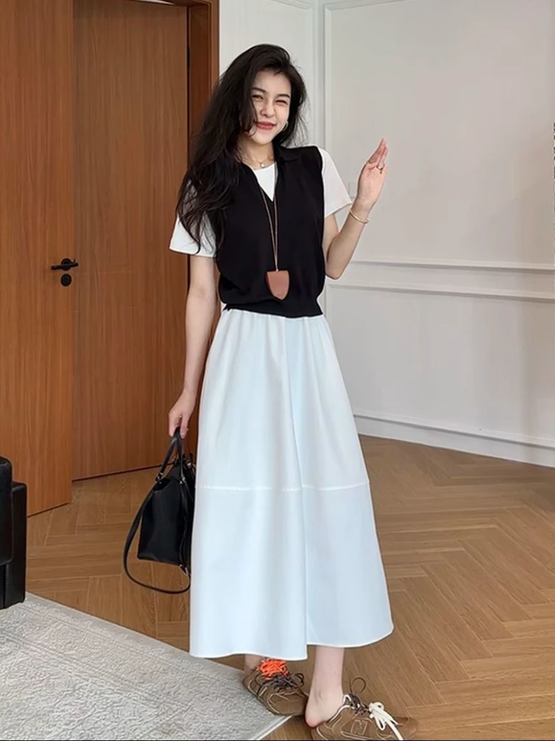 韩系黑色V领假两件针织短袖t恤女夏季小个子半身裙时尚网红两件套