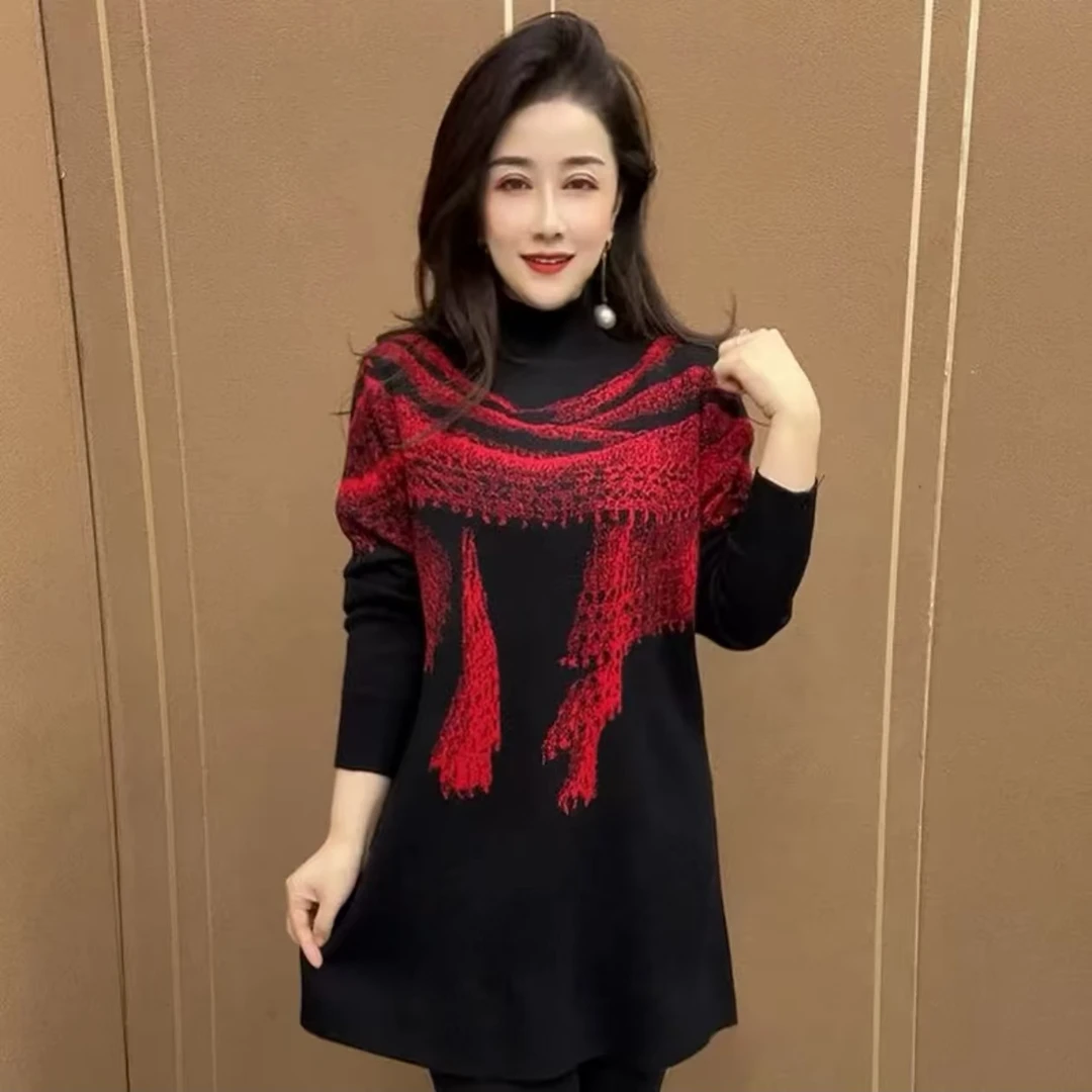 高端时尚洋气披肩图案针织衫春冬季新款休闲气质宽松显瘦妈妈毛衣
