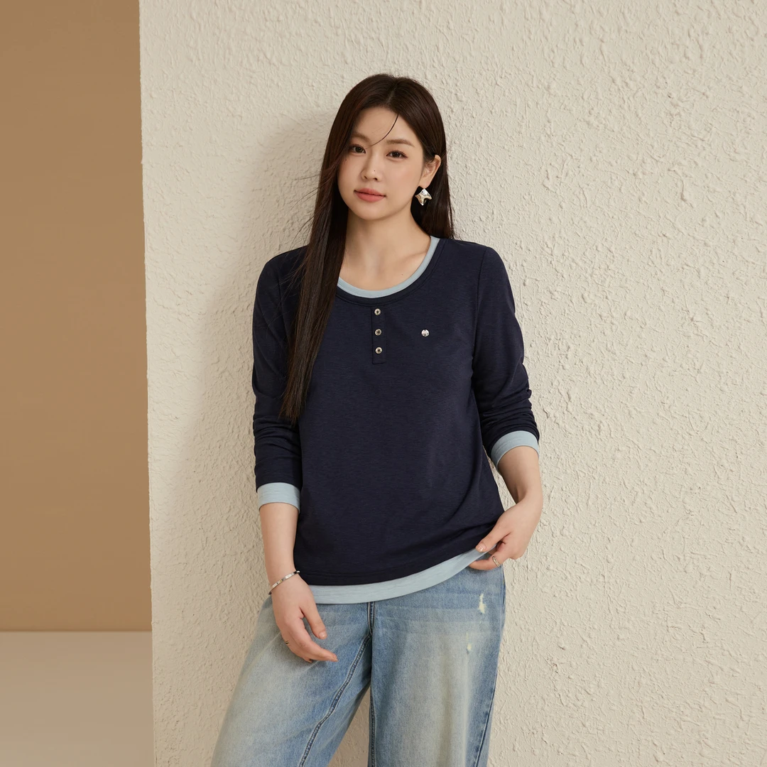 【撞色设计圆领T恤】纤莉秀大码女装韩系百搭上衣2025秋款QK3283