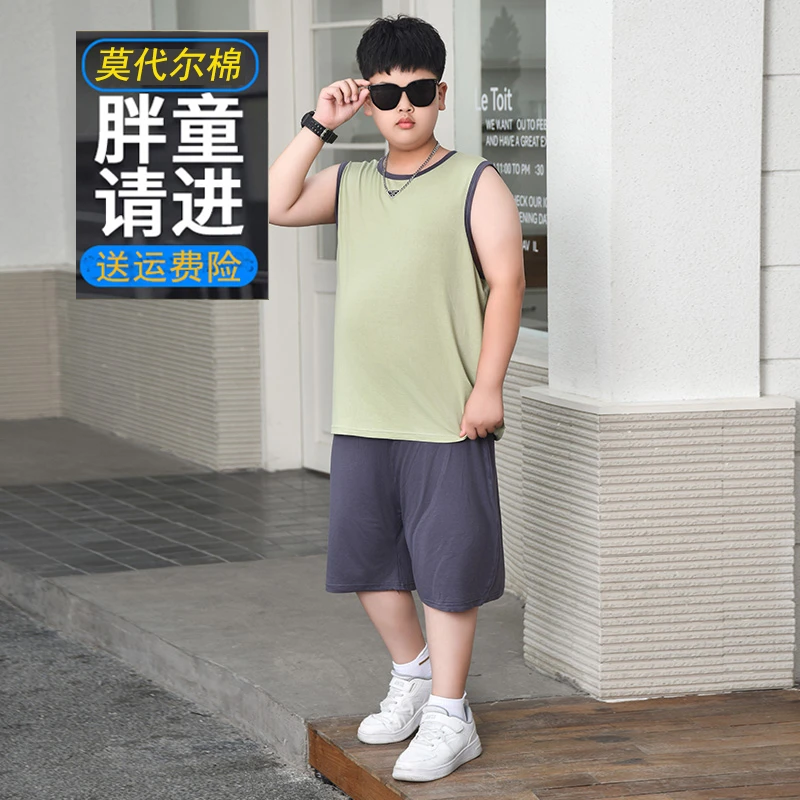 胖男童背心套装运动休闲中大童大码半袖胖男孩薄款无袖两件夏装潮