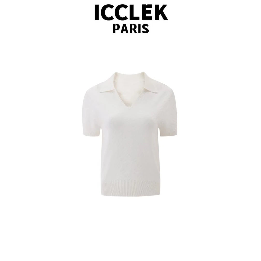 ICCLEK 白色V领显瘦翻领短袖针织衫夏季修身简约通勤上衣 - 5740