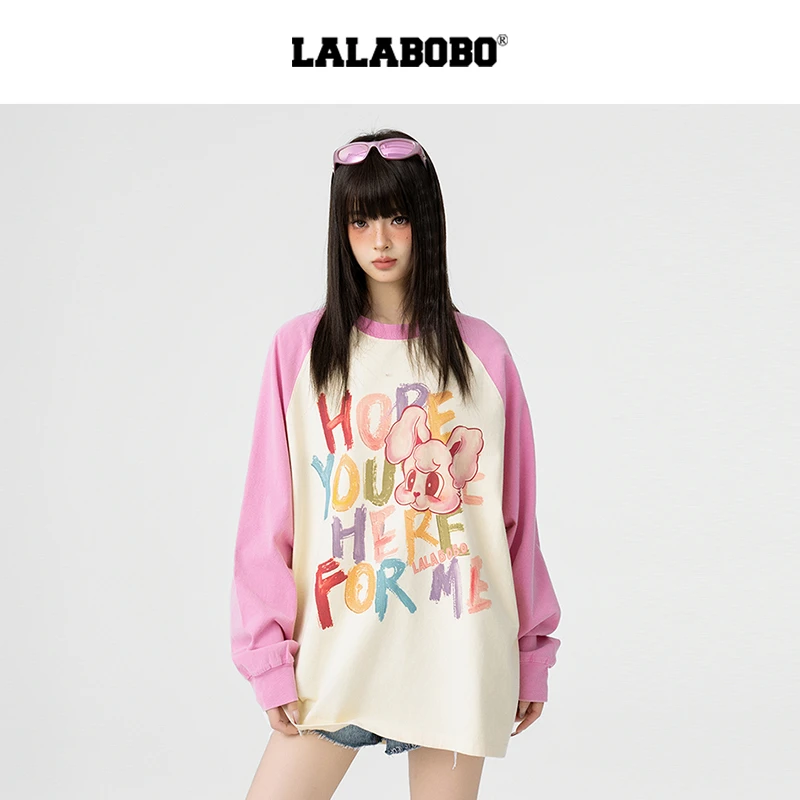 LALABOBO 25新款长袖时尚宽松印花圆领套头卫衣LBEA-WSDT17