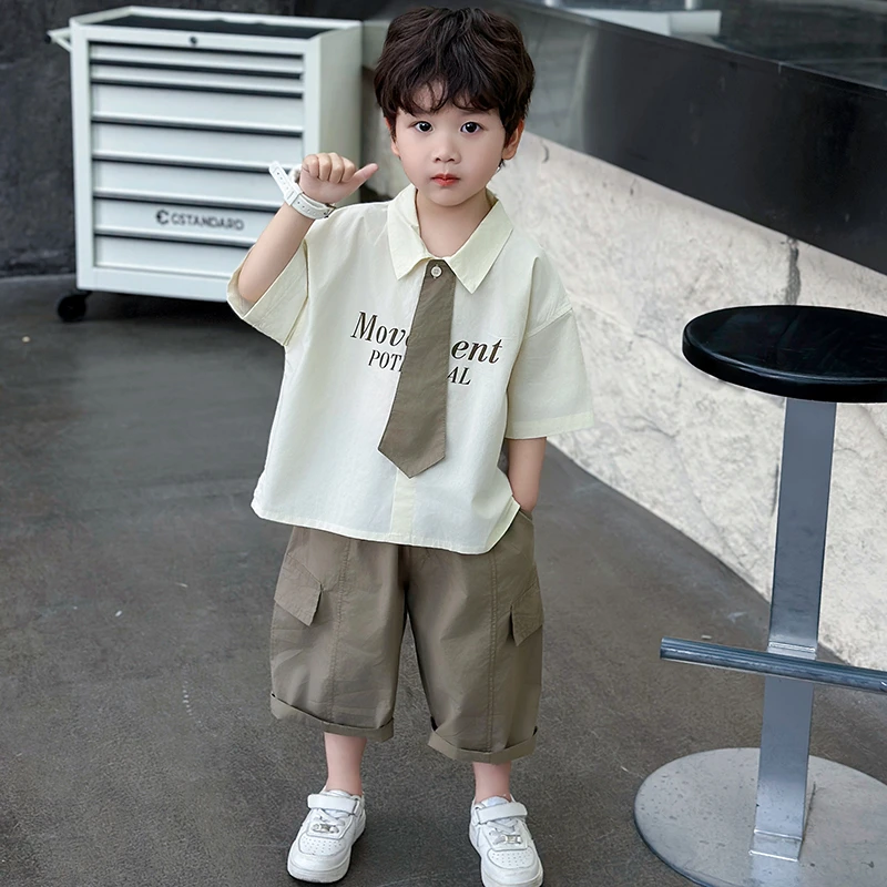 儿童服装男童短袖衬衫套装2025新款韩版帅气小童夏装领带衬衣礼服