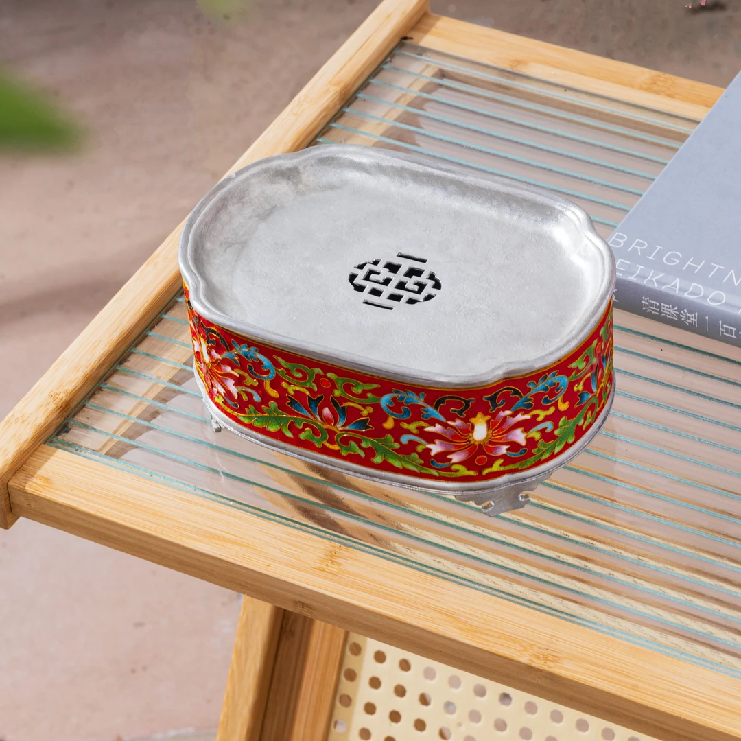 蜂鸟工坊 文创系列 锡器 兴隆景泰蓝壶承(红色) WCXHC229