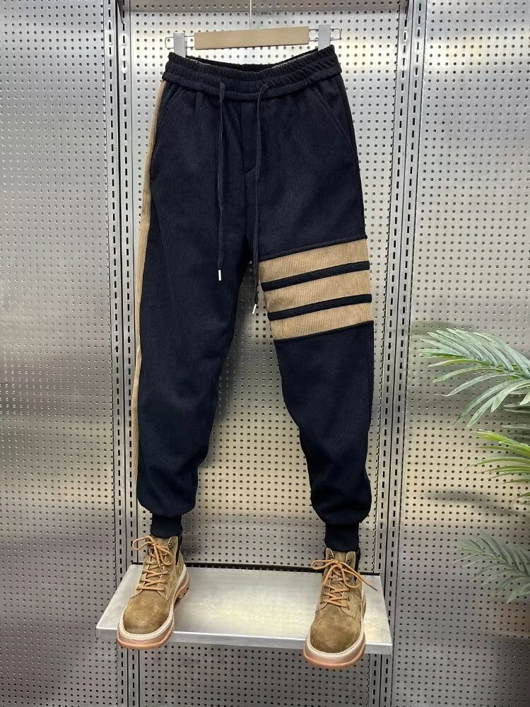 2025春秋新款潮流拼色运动卫裤男生松紧腰条绒百搭裤子束脚休闲裤