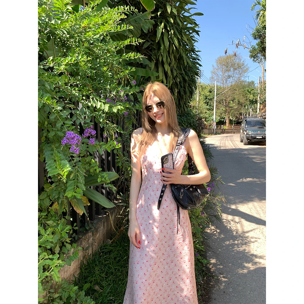 【清清！朴夏Pursummer】 韩系樱花粉V领长裙L29915PR51