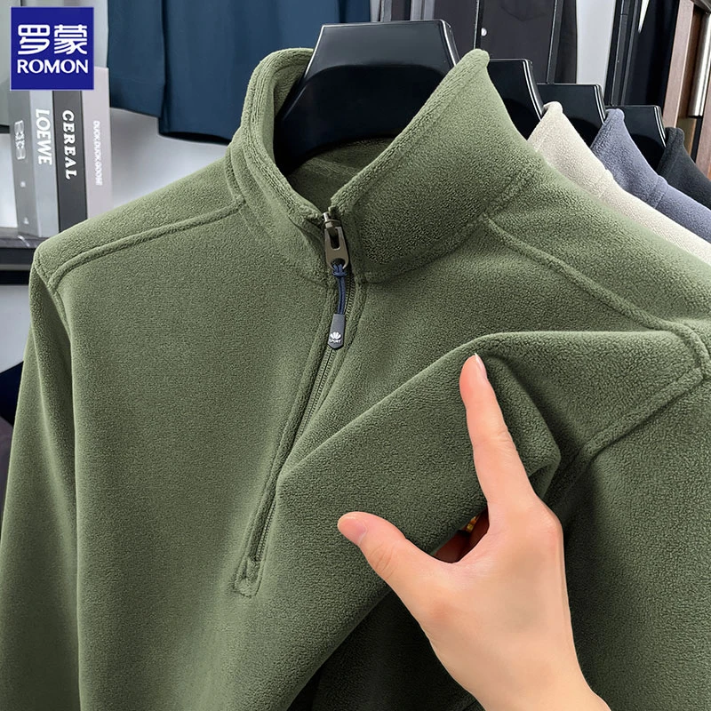 Romon/罗蒙秋冬新款男士长袖保暖卫衣半拉链宽松休闲一体绒打底衫