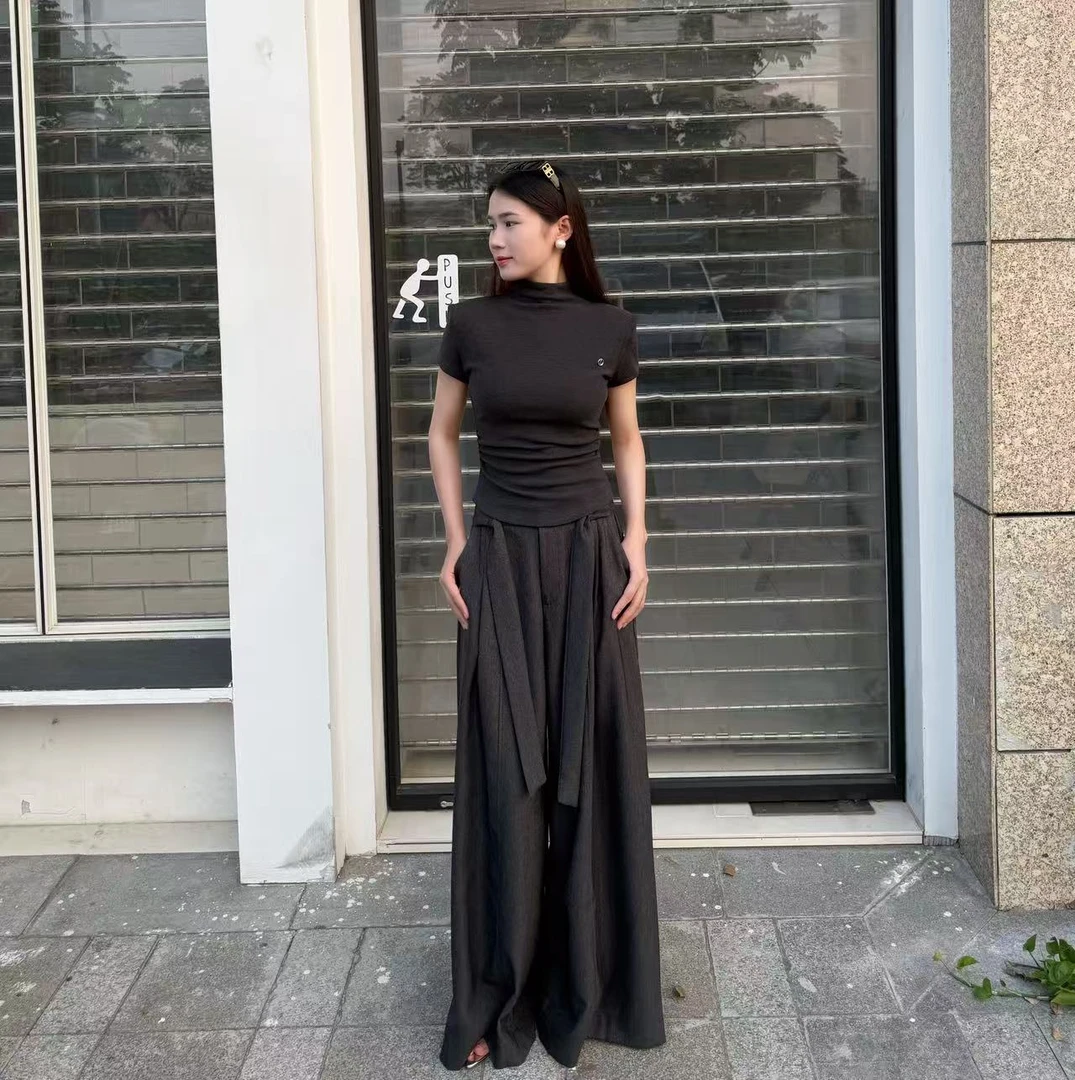 秋季新款百搭休闲半高领夏季短袖T恤收腰气质上衣女套装黑色显瘦