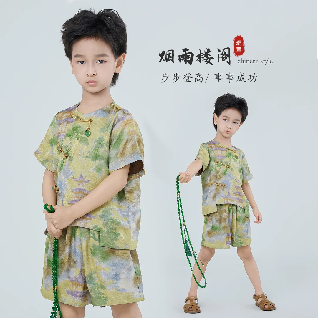 【琨萱】“烟雨楼阁”夏款新中式花萝100%人丝木薯丝萝孔套装SS67T098