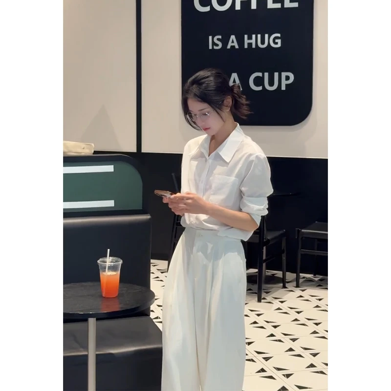 parkyeon法式高级感白色长袖衬衫高腰显瘦压褶西装休闲阔腿裤子