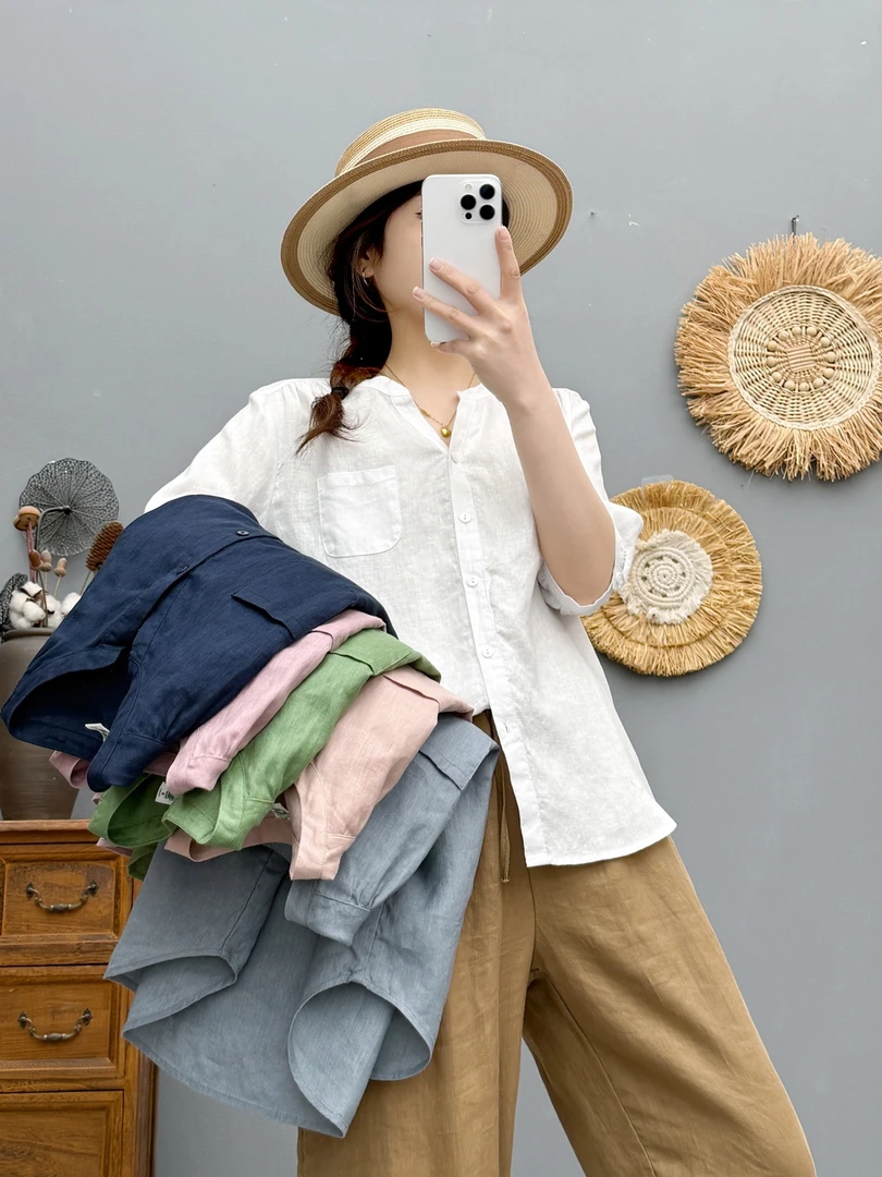 【木刻木木-V字领亚麻】100亚麻系扣带口袋v领肩捏皱亚麻衬衫显瘦