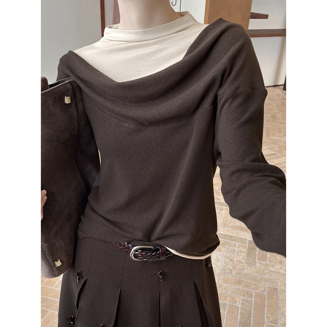 秋冬新款简约设计感叠穿荡领假撞色假两件T恤长袖半高领打底衫女