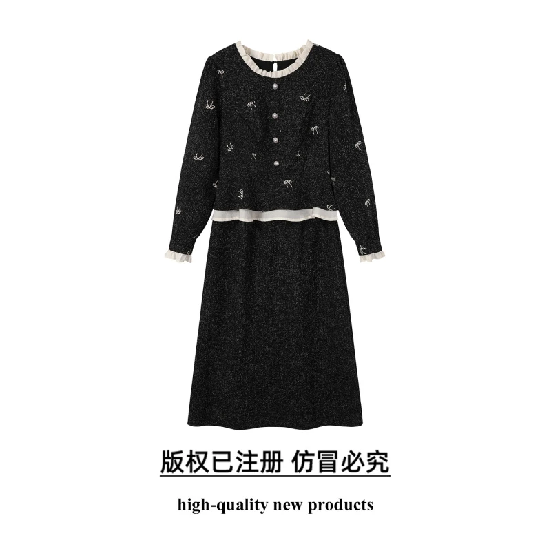 【SZ】大码女装2025冬季小香风蝴蝶结绣花裙子胖妹妹时尚拼接连衣裙