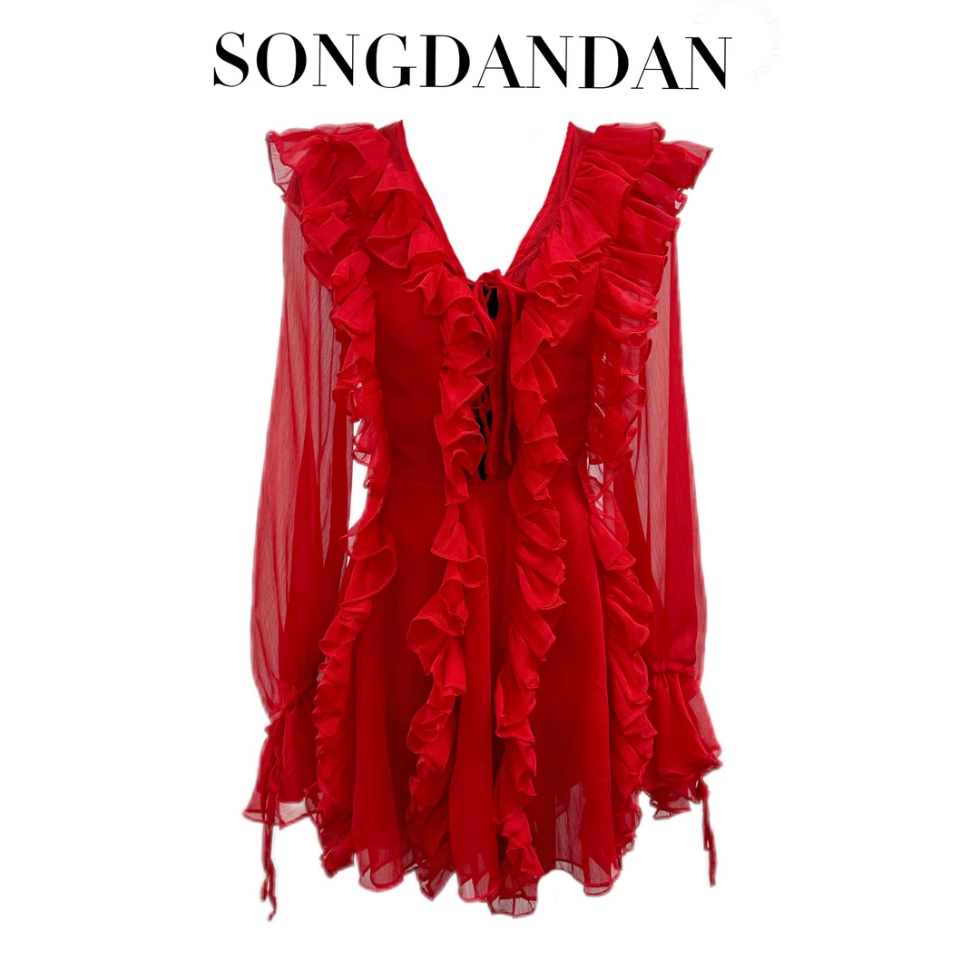 【DDS】新款时尚百搭设计师荷叶边镂空连衣裙