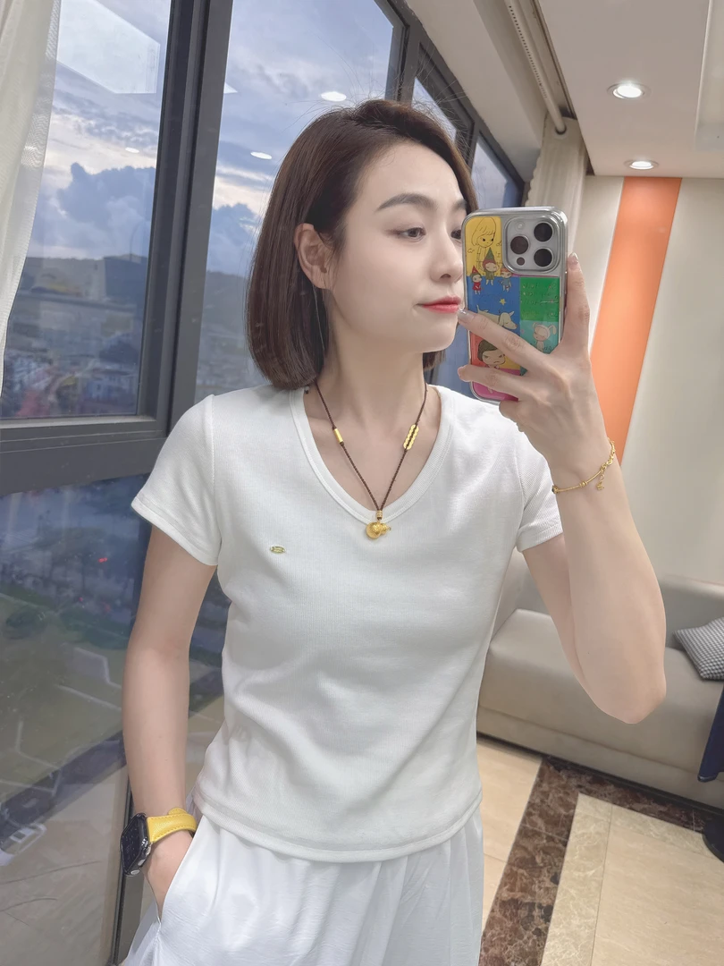 正肩圆领简约百搭韩系轻氧高弹螺纹体打底衫休闲修身短袖上衣