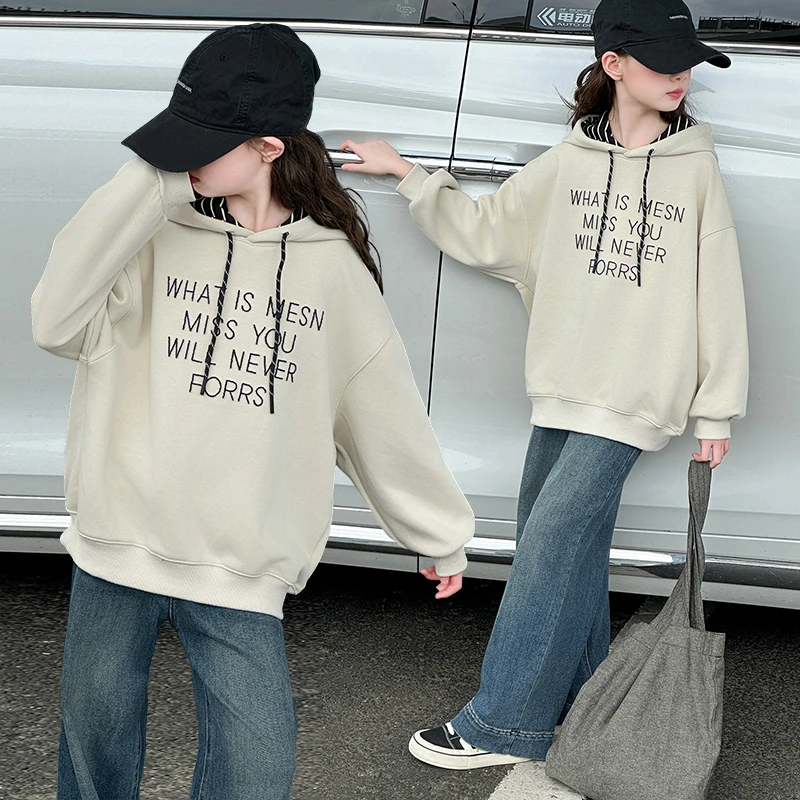 女童春秋款字母刺绣连帽卫衣女孩休闲时尚韩版宽松卫衣女学生上衣
